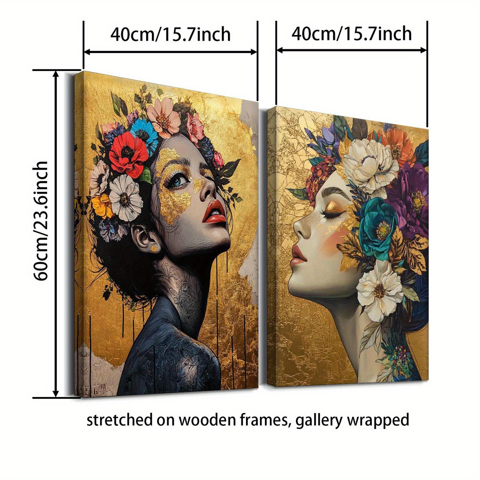 2pcs vibrant floral canvas art prints golden background elegant woman portraits with colorful flowers modern wall decor for living room bedroom office or bathroom indoor outdoor use indoor wall art vibrant wall art detailed artwork flower decor