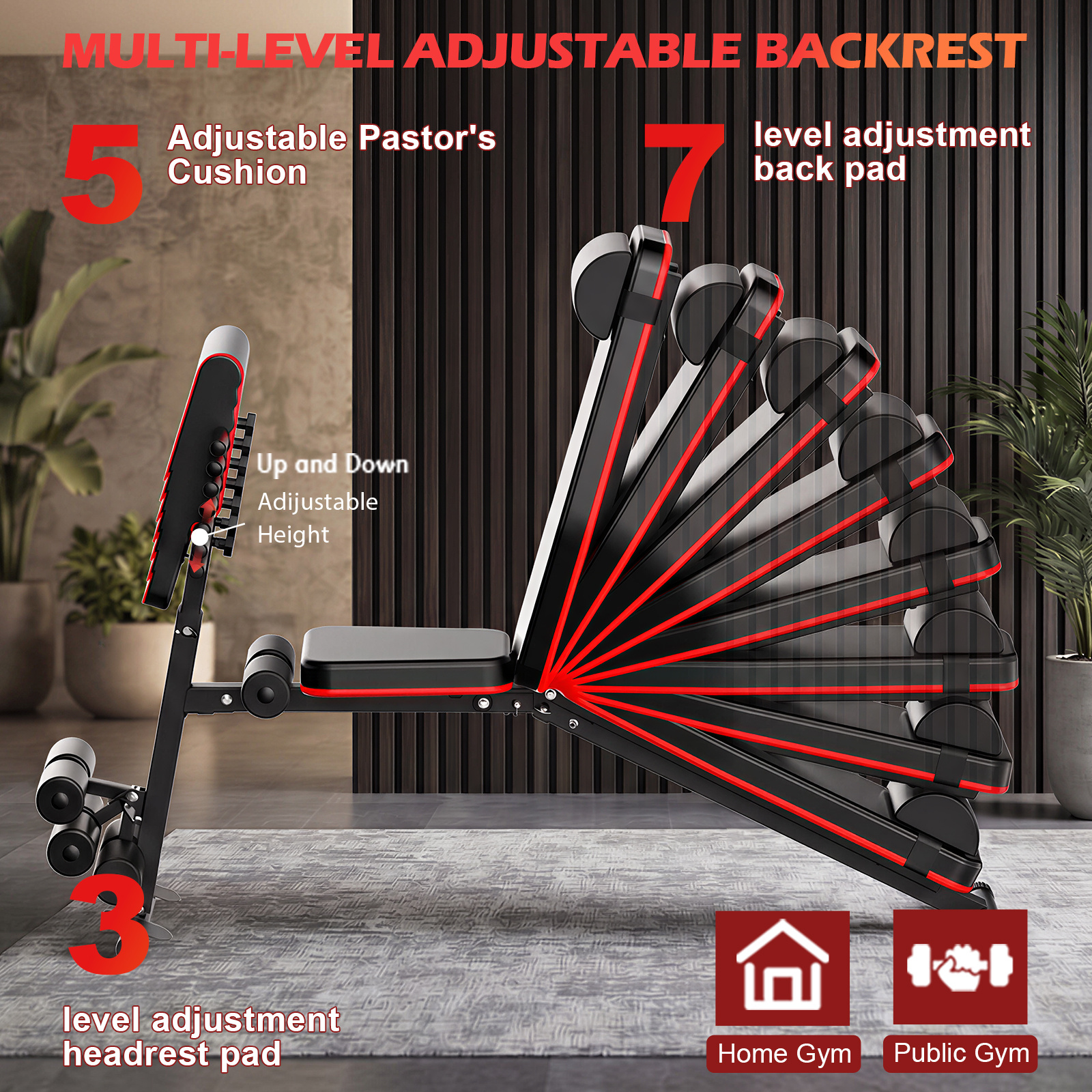 Standard Weight-bench, Adjustable Workout Benches, 7-position Backrest, 5-position Pad And 3-position Leg Attachment With Pull Rope For Home Strength Training