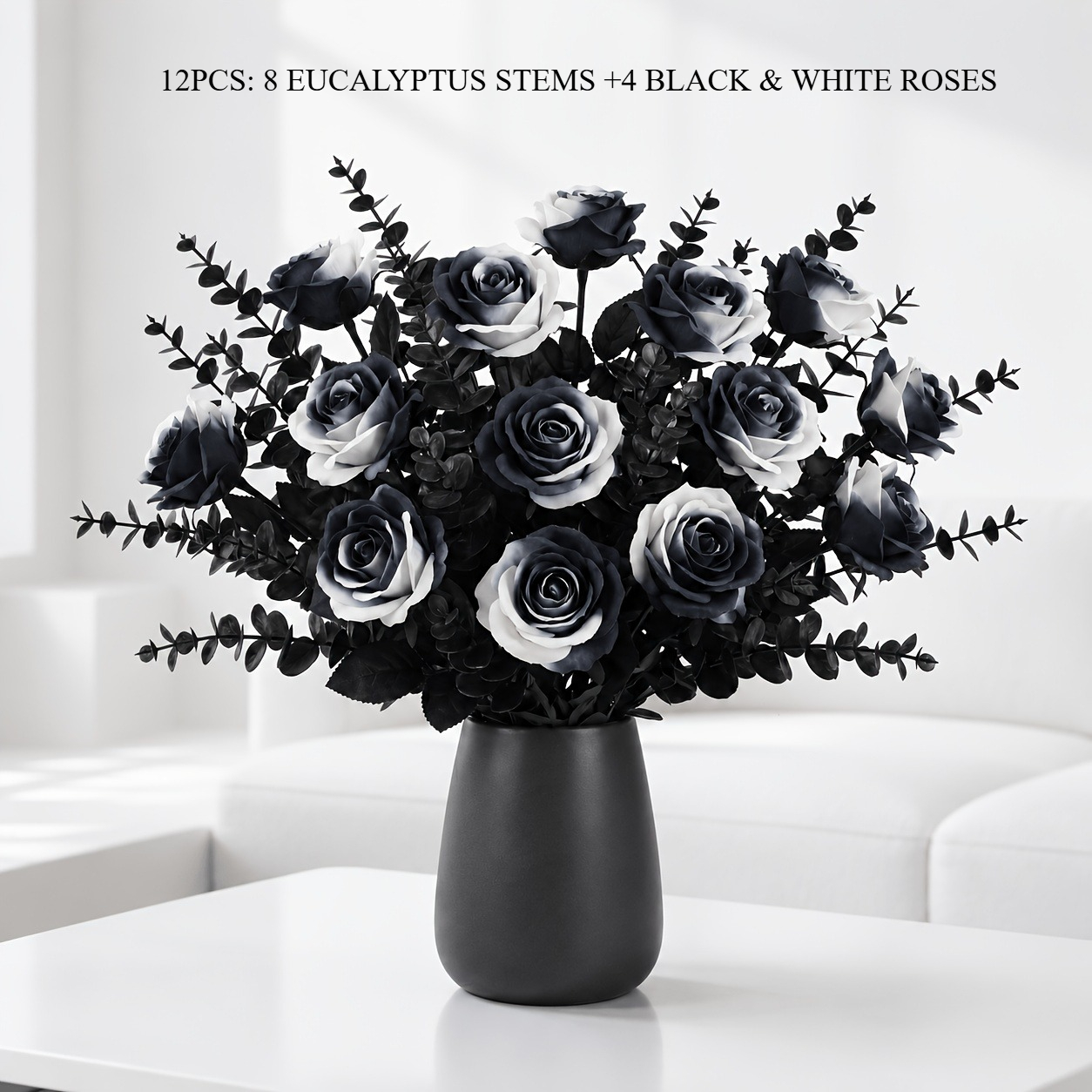 TEMU 12 di fiori artificiali, 4 rose con sfumatura - e 8 foglie di eucalipto nere, decorazioni gotiche per Halloween e , per tavolo da , , ,