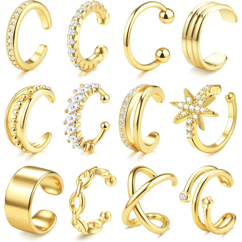 Image of 12pcs Fake Piercing Ear Cuff Adjustable Cuff Non Piercing Fake Helix Cartilage Clip Earring Goldensilvery Plated No Hole Earring