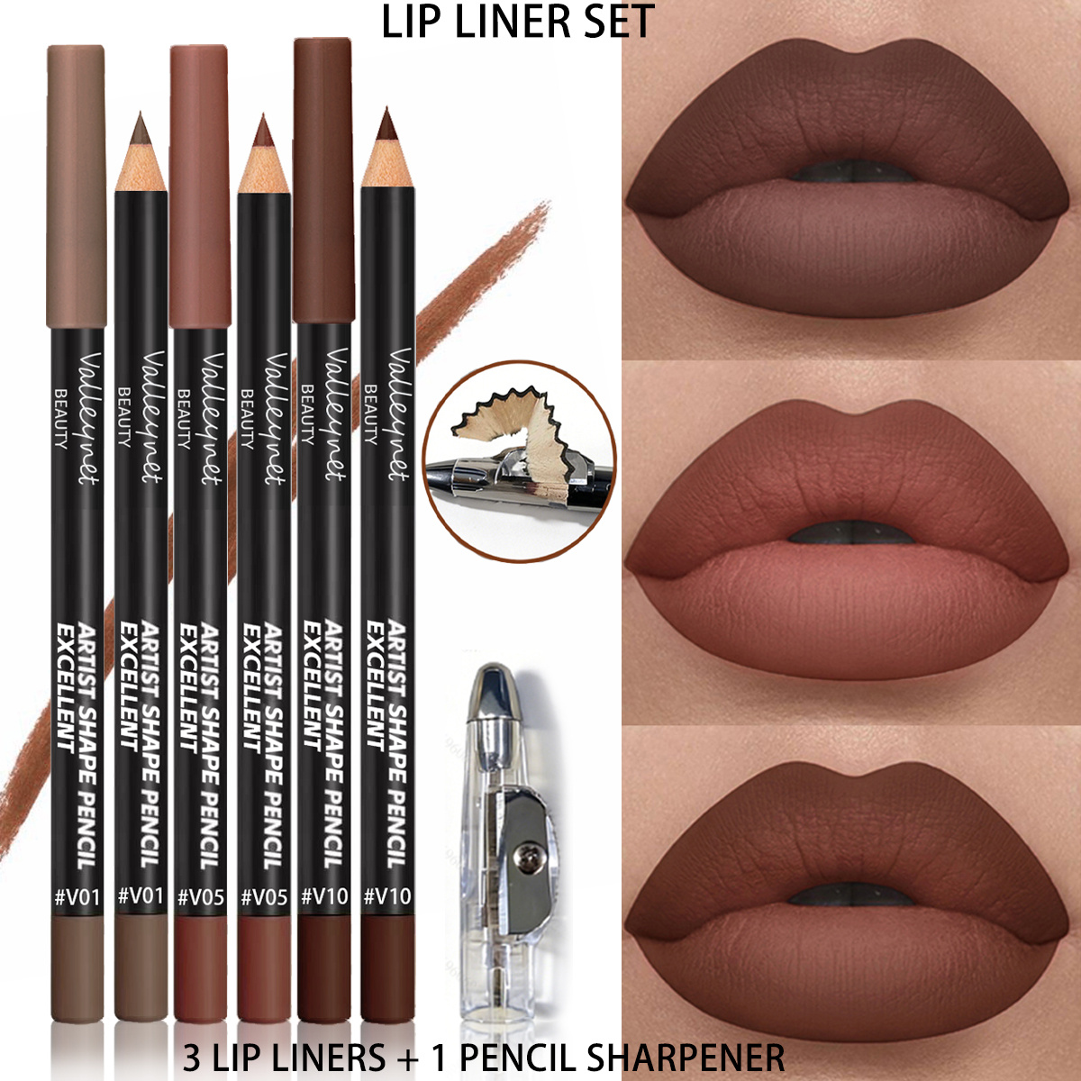 item picture set of 4 lip makeup items   3 velvet matte lip liners and 1 handy sharpener features a long lasting waterproof   shades of brown effortlessly     looks with       liner and lip makeup