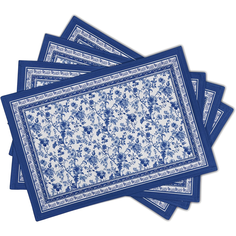 TEMU Set Of 4 Blue Floral Branch Placemats, Measuring 11.81x17.72 Inches, Featuring A Chinese Design. Washable, Heat-resistant Fabric Placemats Are