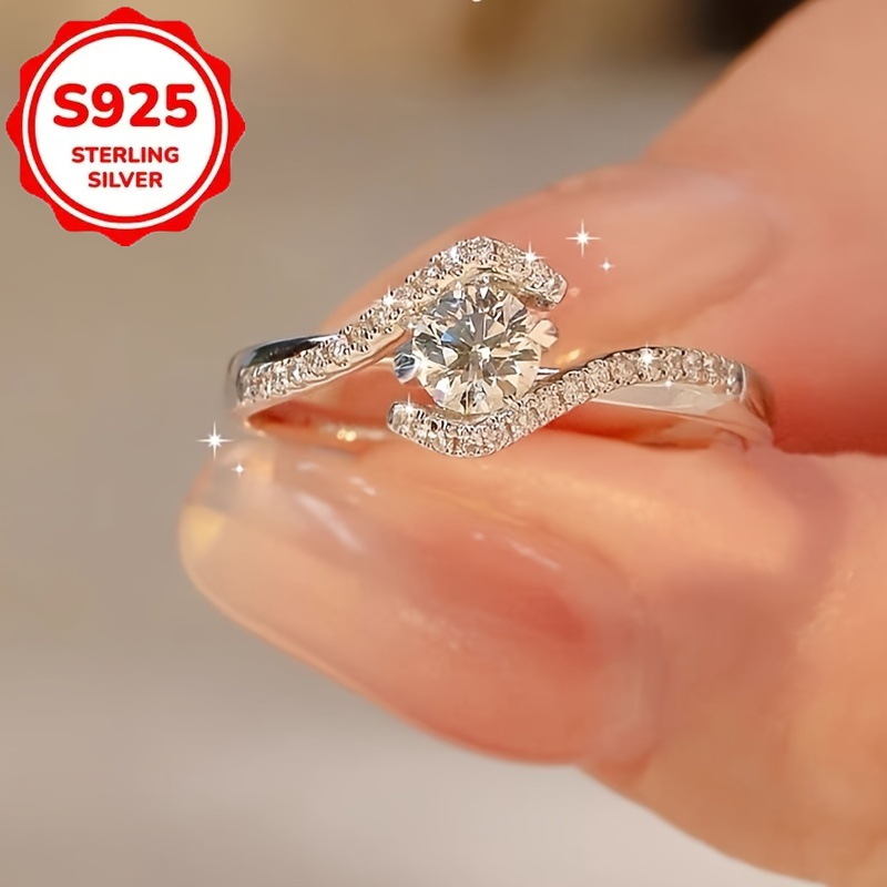 TEMU Elegant Moissanite 925 Sterling Silver Ring, Suitable For Daily And Gift Occasions, Valentine's Day Jewelry, Hollowed Twisted Four-claw Circular