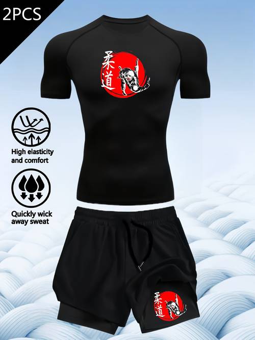 2pcs mens quick dry judo gi compression suit full coverage rash shorts high bjj training suit with jujutsu print for gym sports year round wear