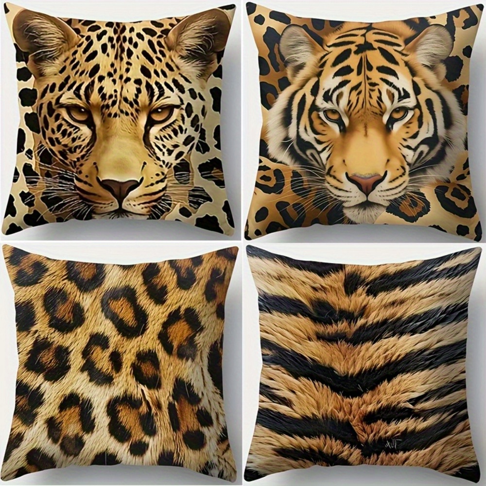 TEMU Set Of 4 Pillowcases Featuring Tiger And Designs, With Double-sided Polyester Prints And Zipper Closure, Perfect For Decorating Your Living Room, Bedroom, Or Sofa (pillow Not Included)