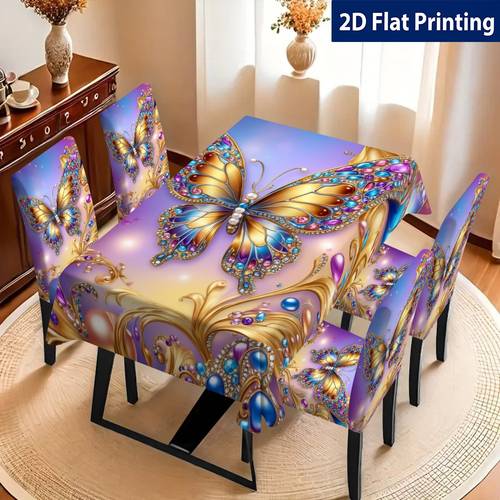 item picture purple base colored diamond 2d flat printing pattern tablecloth and chair cover set tablecloth and elastic dining chair covers home decoration table and chair additions suitable for family