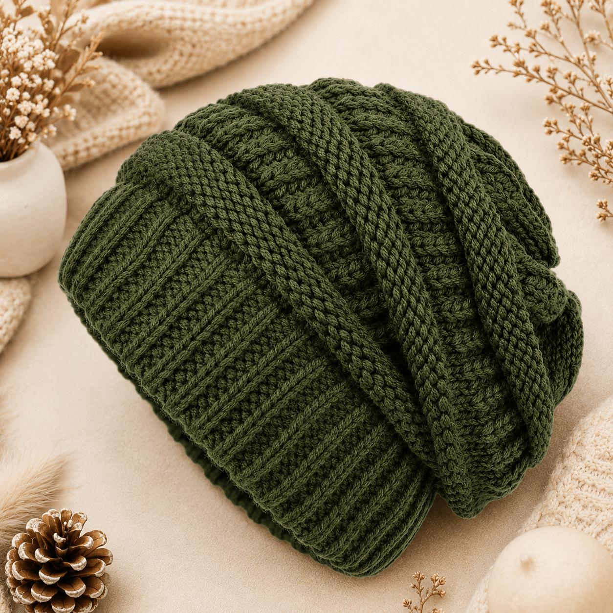 TEMU 1pc Meirunsen Chunky Cable Slouchy Beanie Hat - Adjustable Stretch Oversized Baggy Cap, Soft Warm Winter Hat Suitable For , Machine Washable
