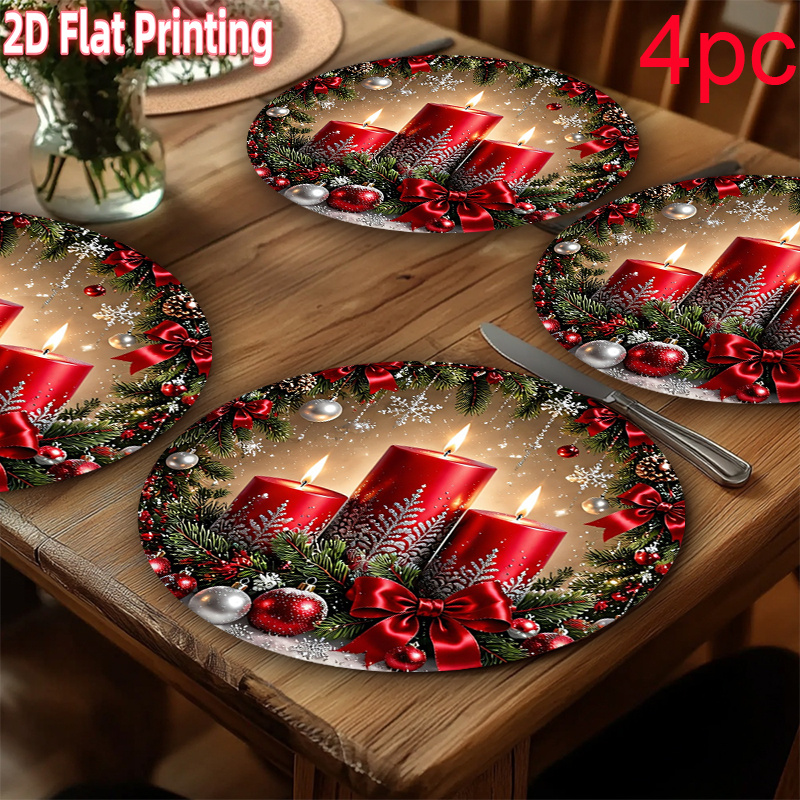 TEMU 2d Flat 4pcs Set 15x15 Inches Exquisite Placemats, Christmas Candles, Pine Branches, Snowflakes, Striped Red And Silver Theme Design - Non-slip,