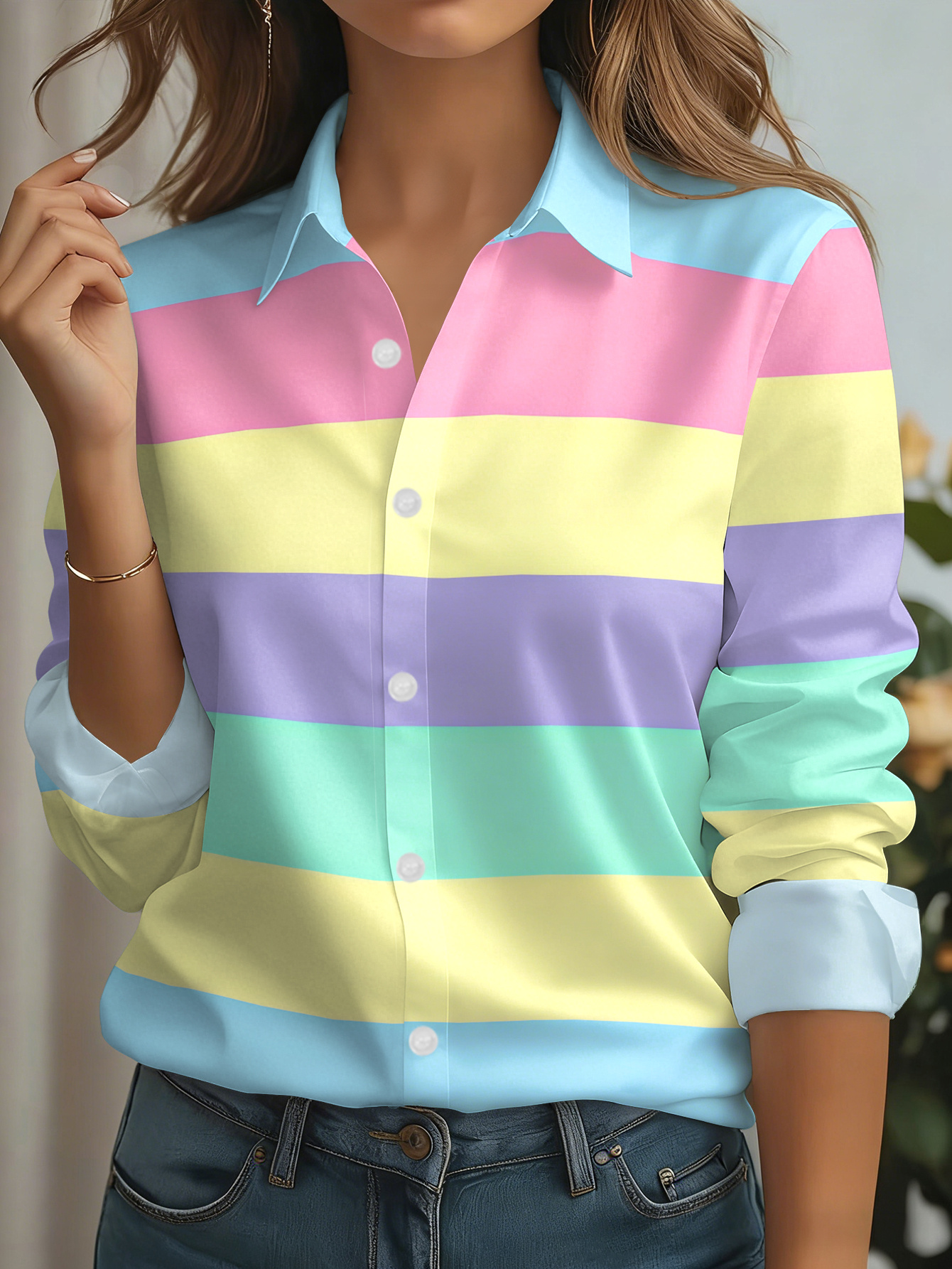 Pastel Rainbow Striped Button Blouse