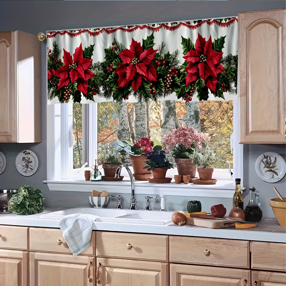 TEMU Rideau de cuisine court à imprimé plat 2D, 1 pièce, thème , motif floral rouge de Noël - Design vibrant de poinsettia et de houx, polyester