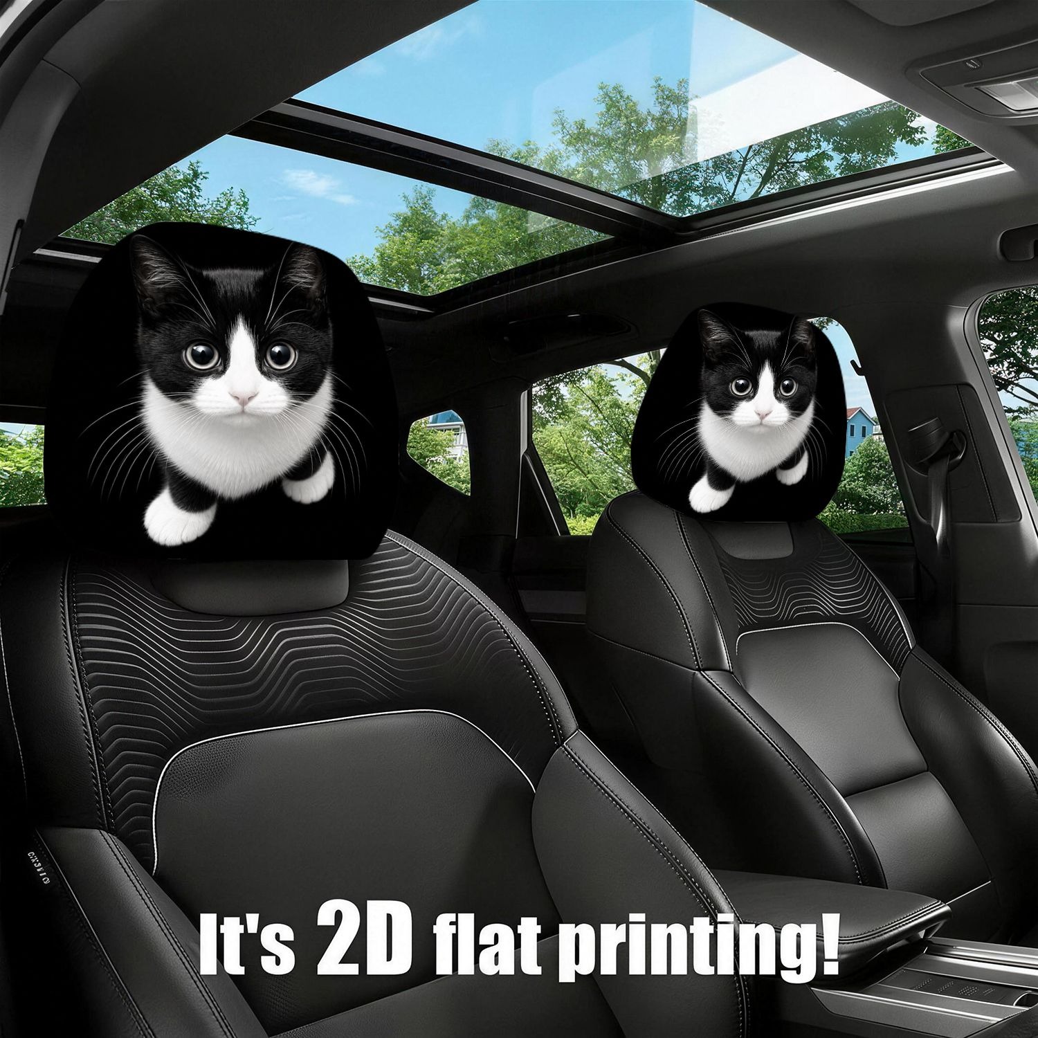 TEMU 2pcs 2d Printed Modern Black & White Cat Car Headrest Covers - Fit Suitable For All Car, Headrest Pillows, Cushion Protectors For Daily Commute,