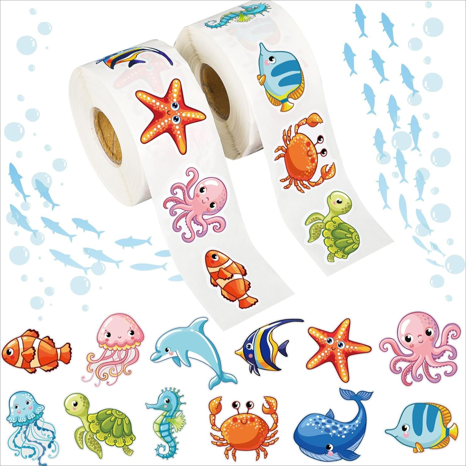 E-shop 500 Stück Ozean Tier Aufkleber Rolle Cartoon Meerestier Aufkleber Fisch Aufkleber Angebote Meerestier Etiketten für Ozean Themenparty Geschenke