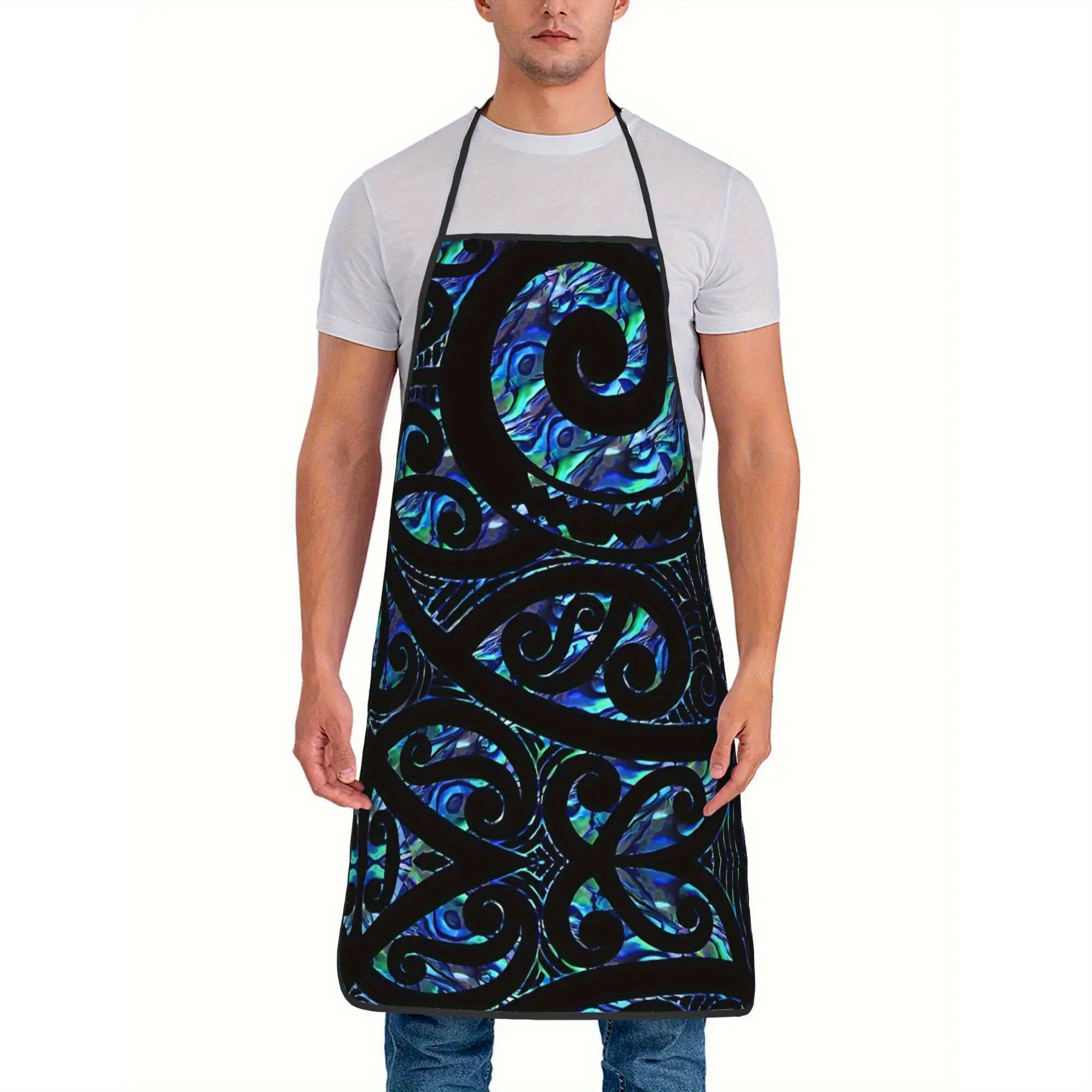 TEMU 1pc New Zealand Maori Koru Tattoo Apron - Vintage Deep Navy-black Swirl Print Design, 60*80cm Durable Fabric Suitable For Cooking, Restaurants,