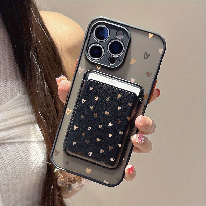 TEMU 2-in-1 Set Brown Heart Pattern Magnetic Phone Case & Card Holder For Iphone 16promax 16e 16pro 16 15 14 11 Xr X 8plus Se Kj1 | Shockproof