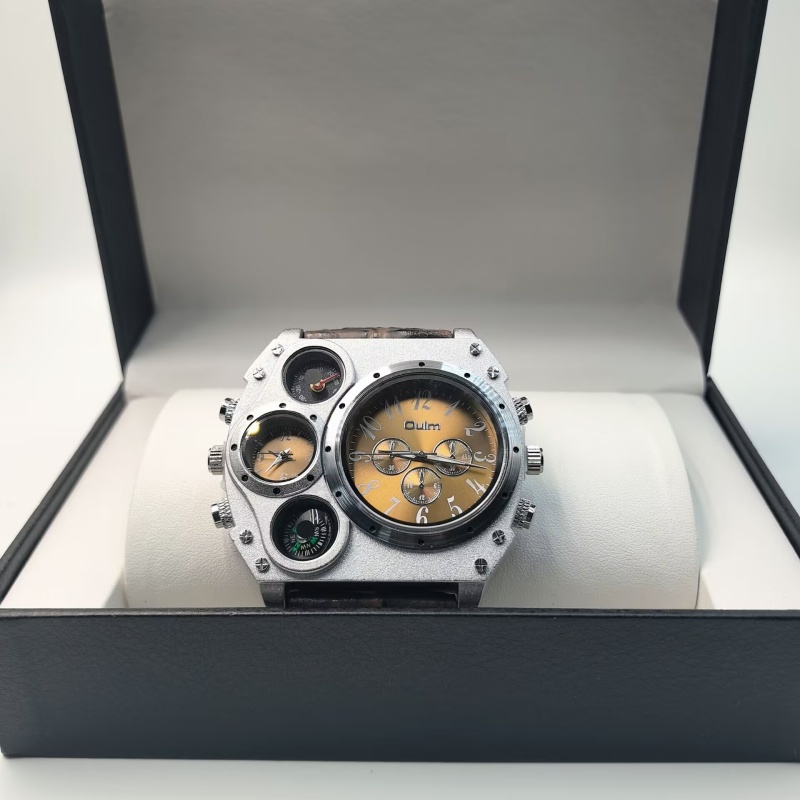 Image of Vintage Oversized Overweight Men's Watch With Compass, Thermometer Function Dial, 2 Movements, Zones Display , Crocodile Pu Strap, Motorcycle Party, Watch, Christmas Gift