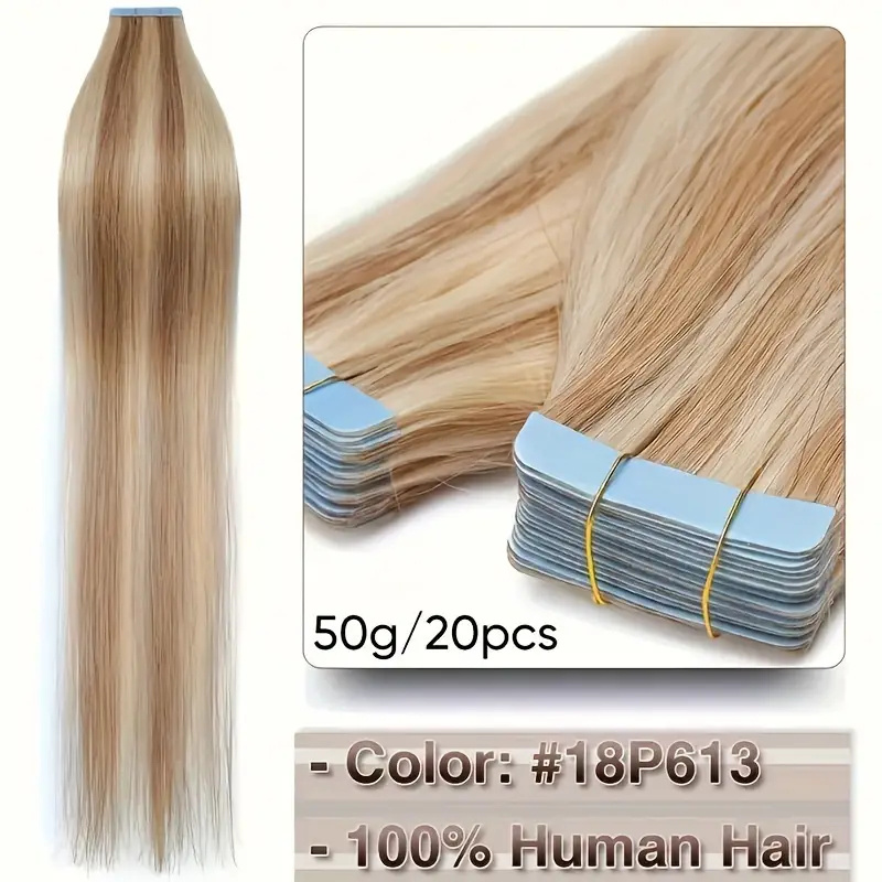 Image of 50g/ Pack 20pcs Hair Extensions Tape In Human Hair 100% Brazilian Human Hair Tape In Extensions 16inch-26inches Straight Seamless Skin Weft Tape Hair Extensions