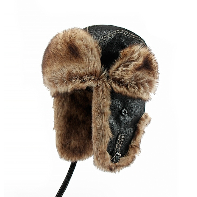 Faux Leather Winter Trapper Hat Snow Cap with Ear Flap for Men