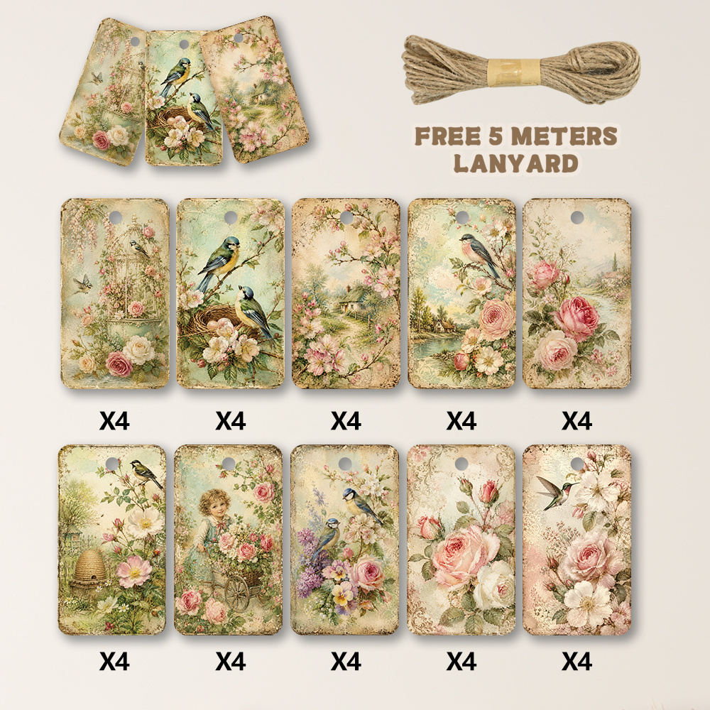 TEMU 40pcs, Vintage Distressed Tag Set | European Country Robin Blank Gift Hang Tags | Wedding Floral Favors Decor Labels, French Wedding, Vintage