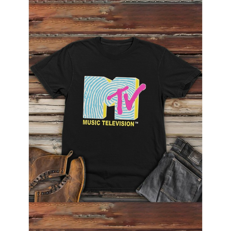 

1pc Mtv Music Television Print T-shirt For Men - Casual Crew Neck Short Sleeve Tee, Knit Polyester Fabric, Medium Stretch, Summer Top For