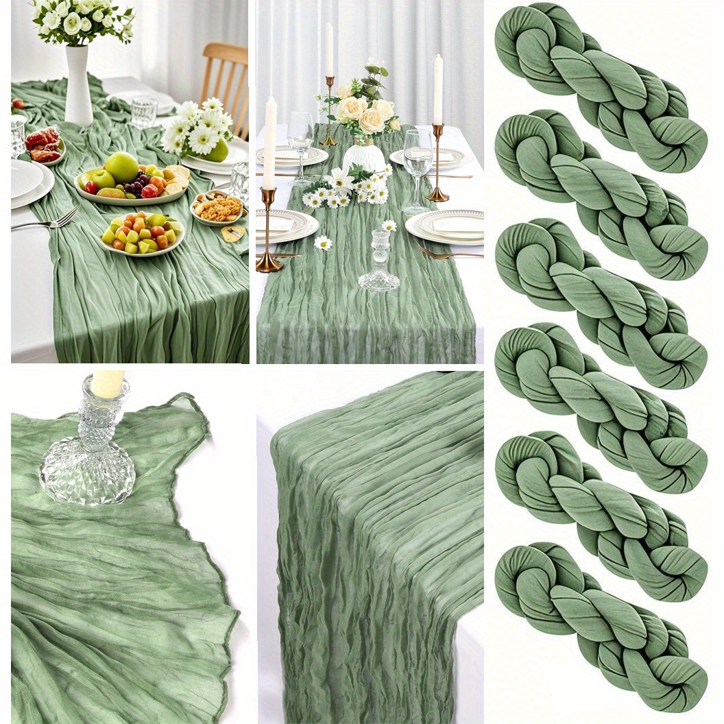 TEMU 6pcs Sage Green Gauze Table Runners, 40x270cm - Washable Polyester, Elegant Floral & Candle Design For Weddings, Birthdays, Showers, And More,