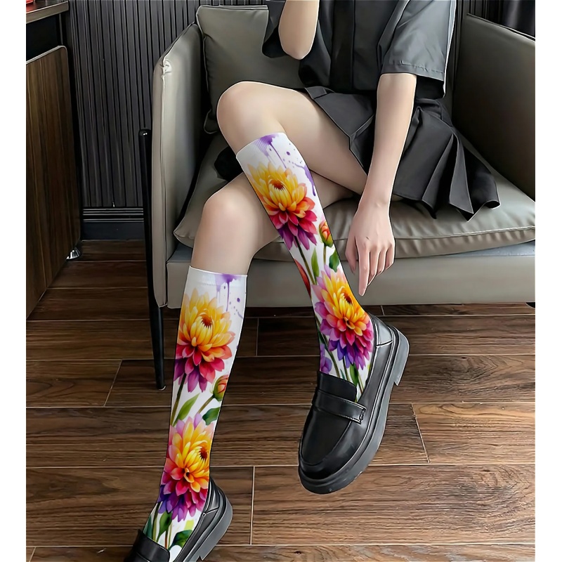 item picture a pair of womens calf length socks with vibrant floral prints featuring colorful flower patterns   thin versatile for streetwear summer calf socks jk style calf socks high tube fairy socks long tube socks