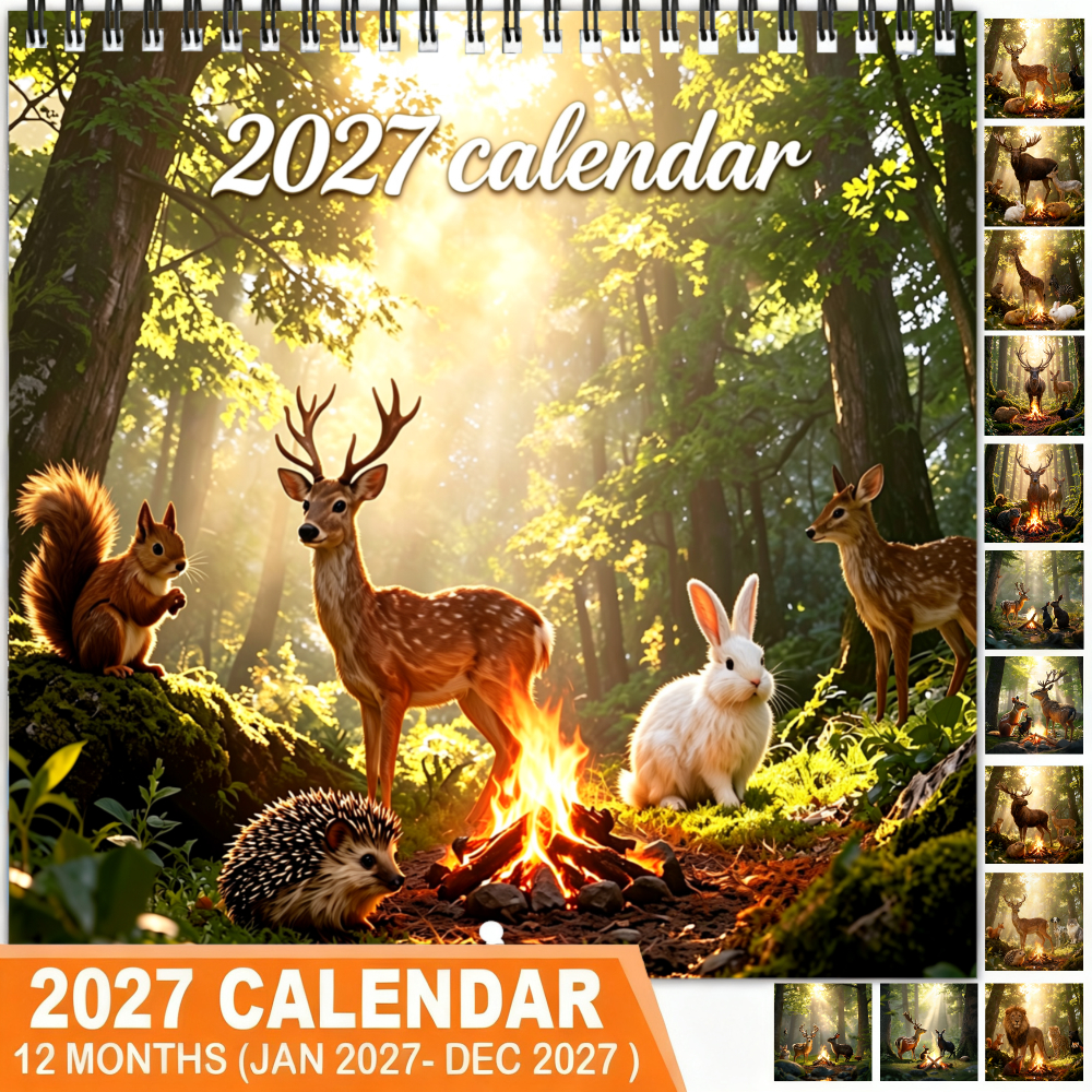 TEMU 1pc 2027 Planner Wall Calendar With Spiral Binding & Thickened Coated Paper - Double-sided Printing Suitable For Home Or Office, Forest Animals