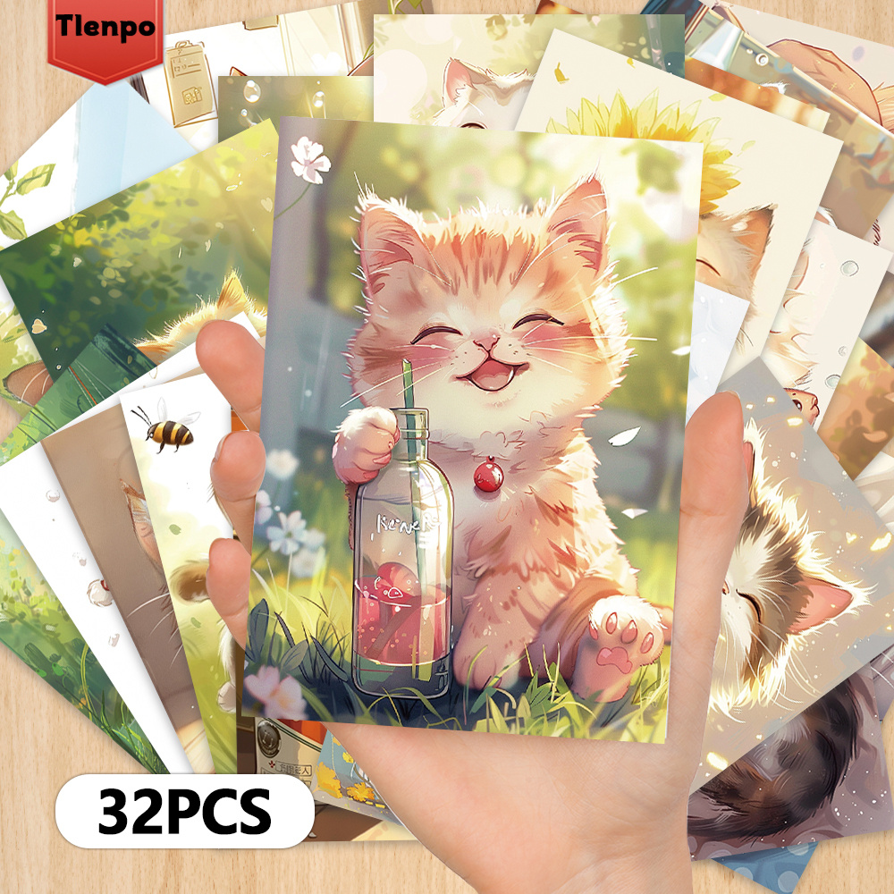 

32pcs Tlenpo Cat Postcards - Vibrant Cartoon Kittens With Flowers & Bees, Birthday Wishes & , Creative Greeting Cards For Home And Office, , Tlenpo