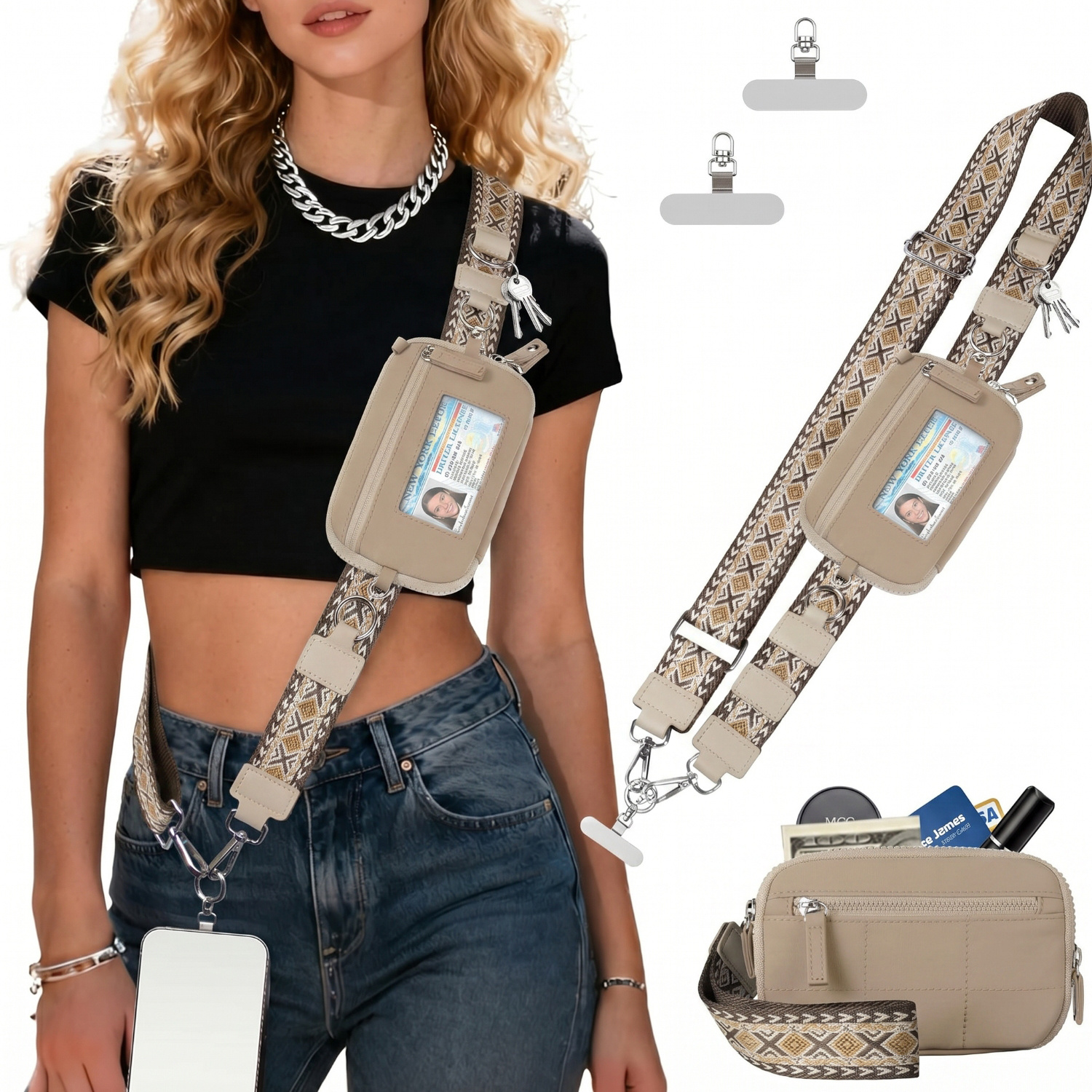 Anti-theft Rfid Blocking Phone Lanyard With Wallet - Strap & Detachable Quilted Wrist Wallet Suitable For , /fabric Mobile Phone Holder With Id Window, Adjustable Shoulder (/)