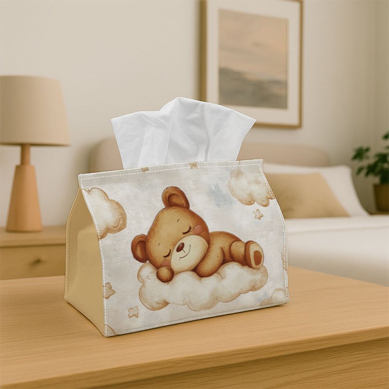 TEMU 1pc Tissue Box, 2d Flat, Printed On Sides, 1pc Cute Animal Tissue Box Holder Featuring A Teddy Bear Resting On Clouds. Made From Soft Fabric,
