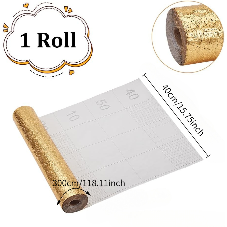 1 roll golden peel and stick wallpaper embossed aluminum foil backsplash sticker self   vinyl material for kitchen bathroom countertops Product details 2