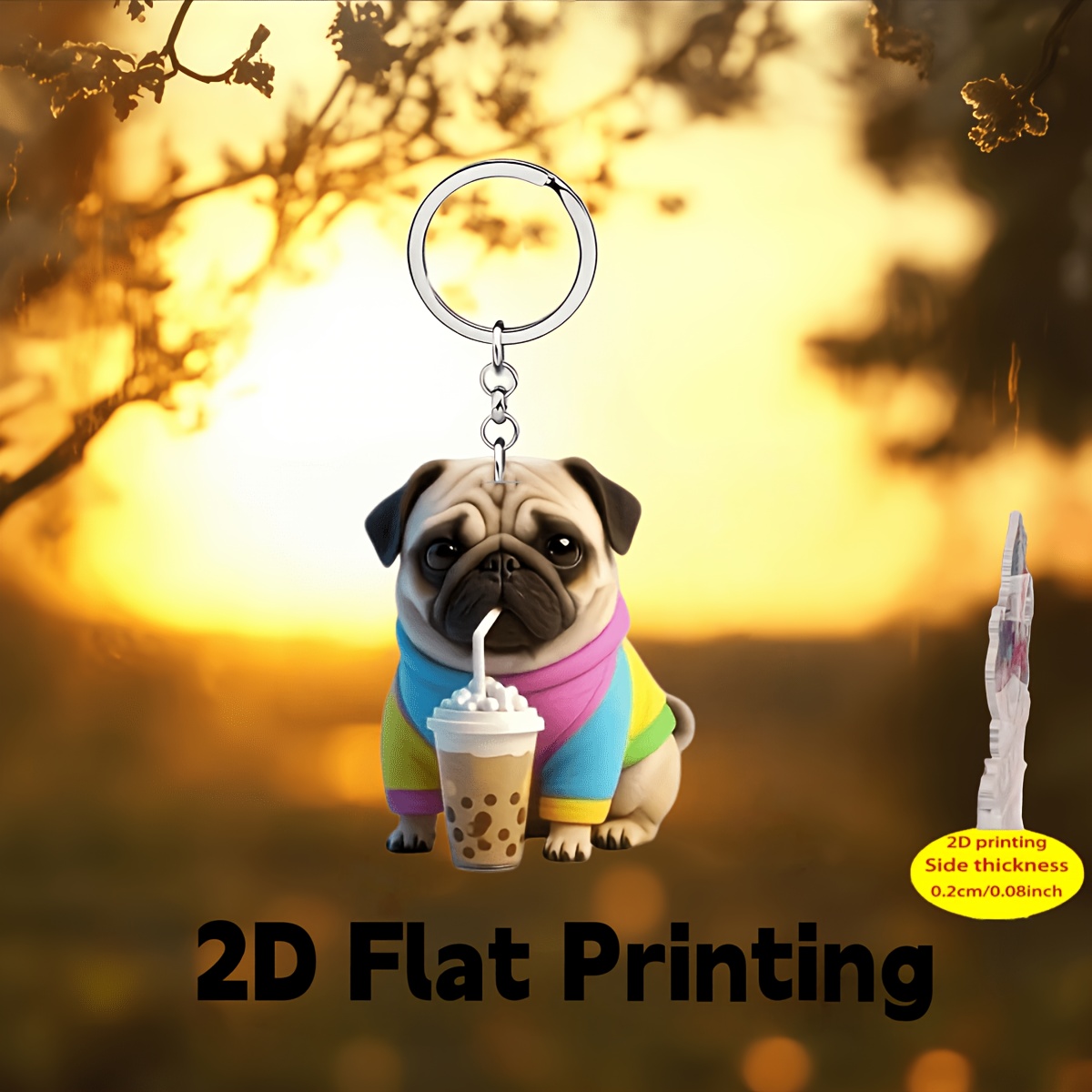 TEMU 2d Flat 1pc Acrylic Pug Keychain With Bubble Tea - One-sided Cartoon , 5 Cm (1.94 Inches), Ideal Easter Gift And Stylish Ladies Backpack