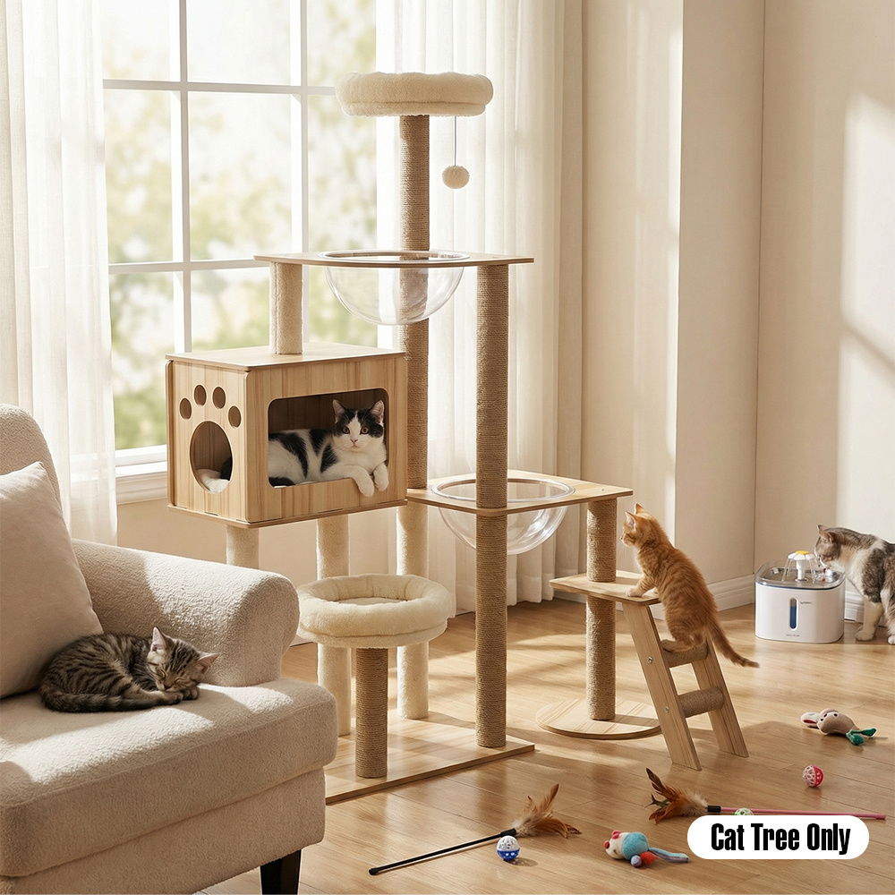 TEMU 142cm Multi-level Cat Tree Tower With Sisal Scratching Posts, Hanging Activity Ball & Acrylic Bowl - Sturdy Wood Cat Condo House With Ladder,