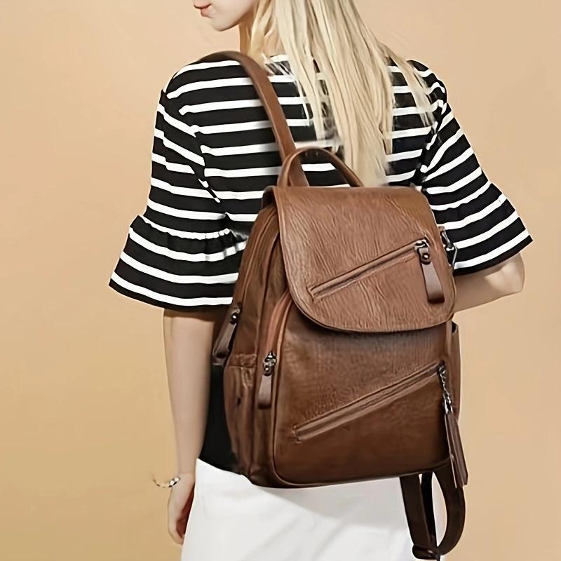 Mochila organizadora multifuncional de gran capacidad, bolso de hombro para mujer, carcasa suave de PU, diseño retro minimalista, bolso pequeño para uso diario