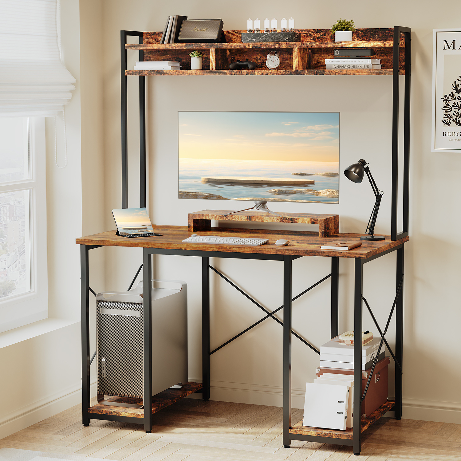 Homall Ergonomic Gaming Table Featuring A Storage Shelf And Frame - 120x60cm Computer Workstation With Monitor Holder