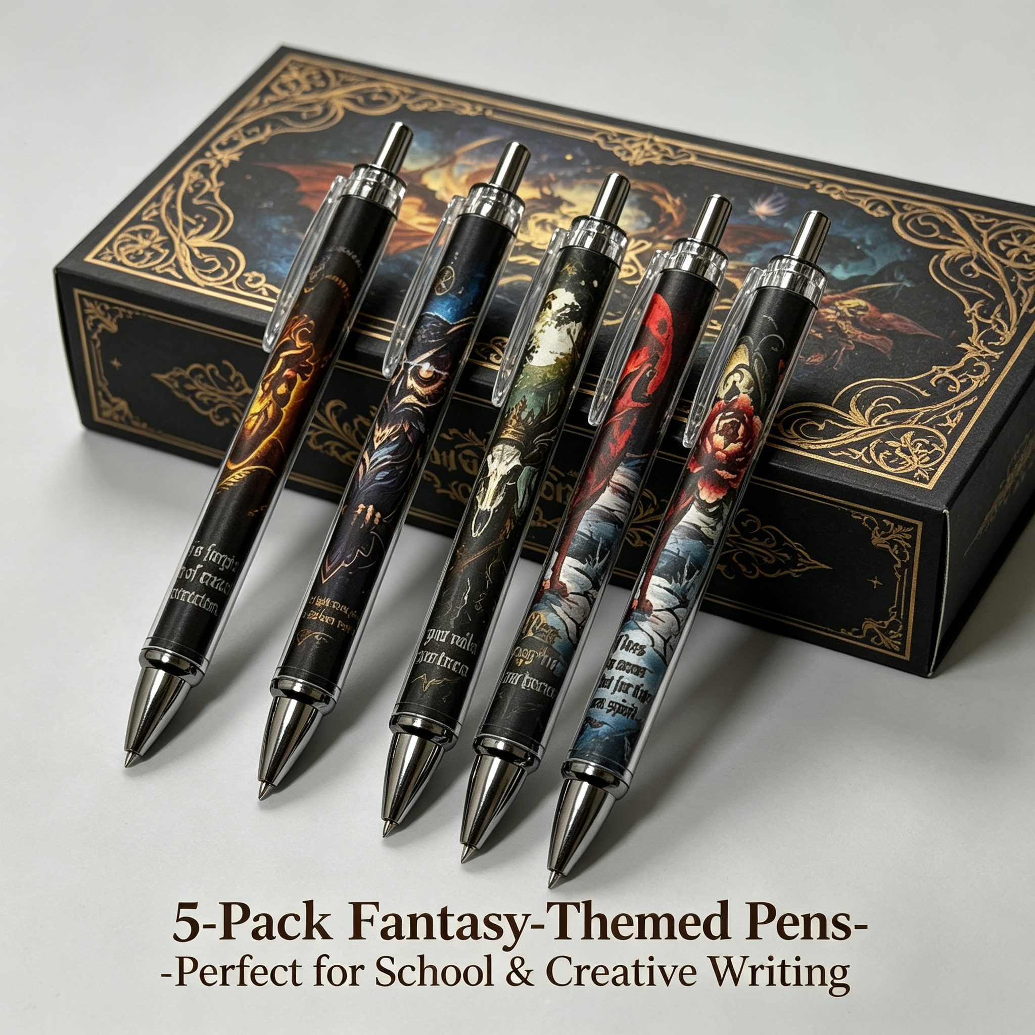 TEMU 5pcs Set Of Gothic Fantasy Theme Flexible Neutral Pens, Print Perfectly Integrated Pen Body Gel Pen, Retro Dark College Style Writing Halloween
