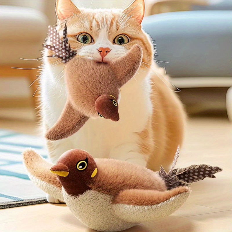 TEMU Interactive Cat Toy With Flapping Wings And Chirping Sounds - Touch-activated, Soft Plush Bird Toy, Safe Lithium Polymer Battery, Suitable For