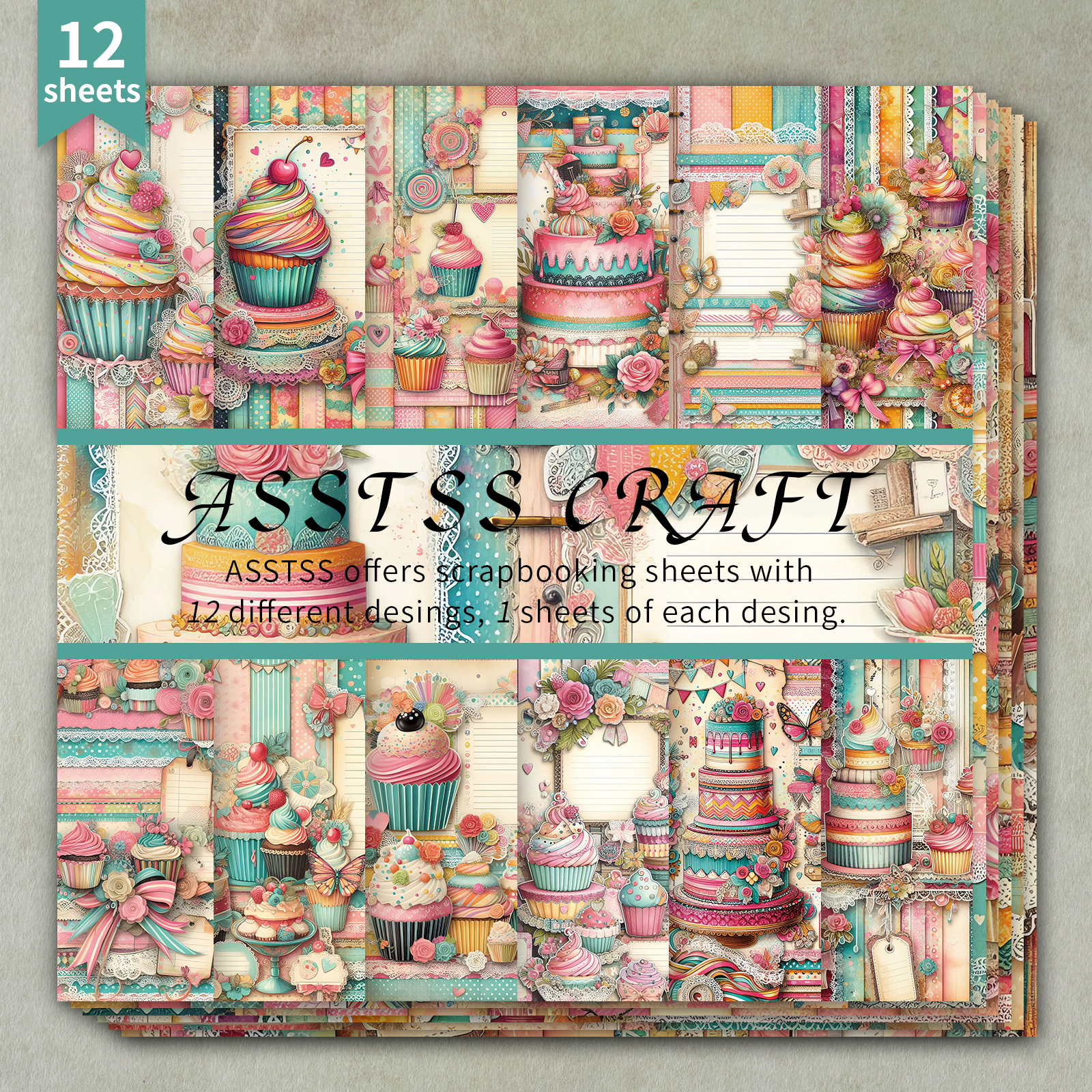 TEMU Un bloc de papier scrapbooking de 12 feuilles mesurant 6X6 pouces, avec un style de adapté aux thèmes de gâteaux de fête d'anniversaire. Ce