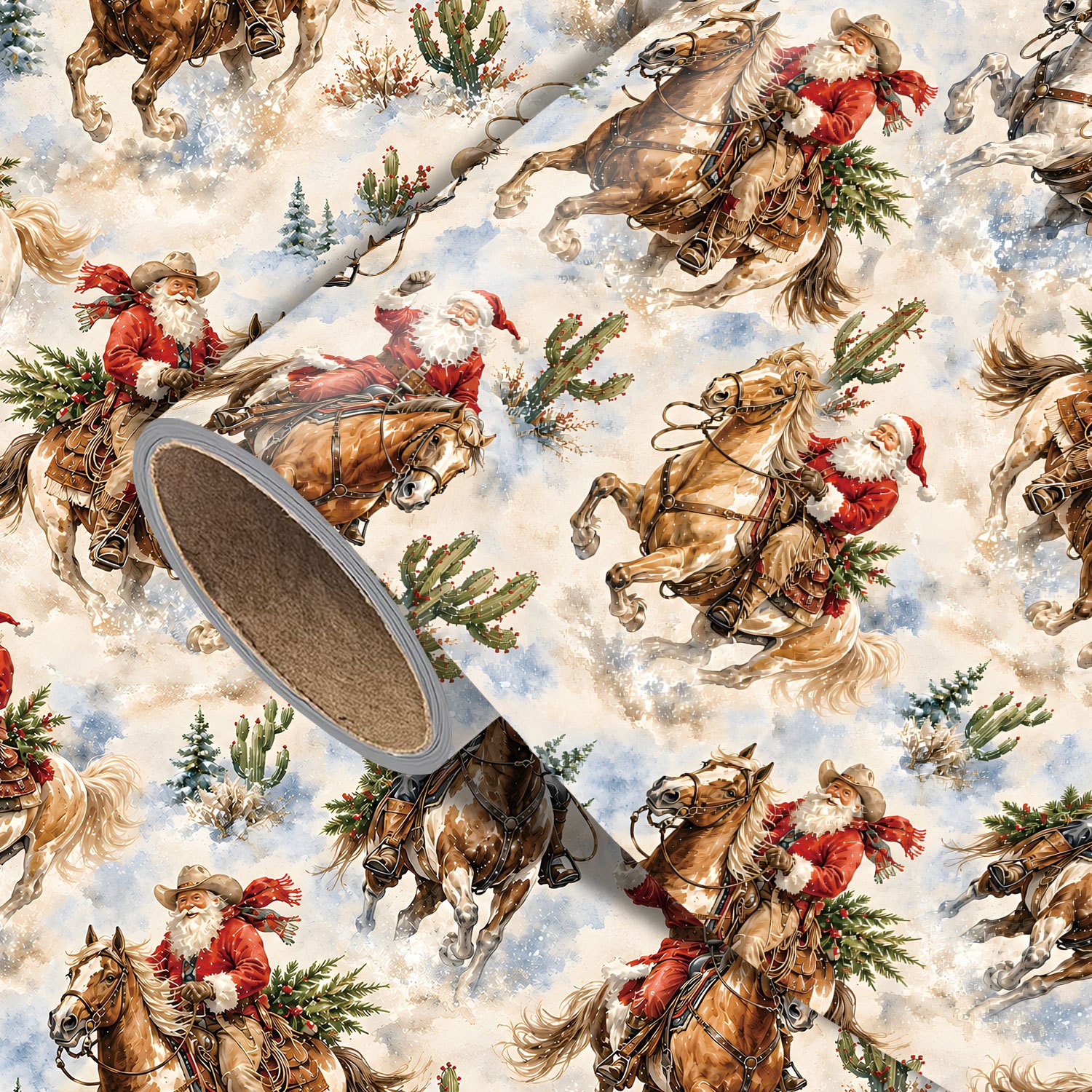 TEMU de Noël Western en Rouleau pour Cadeaux de Noël, Loisirs Créatifs et Décorations de Fête - Père Noël Cowboy Vintage avec Chevaux, Enneigés, de