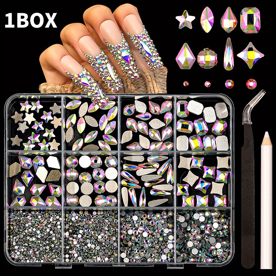 TEMU 500pcs Mixed Flat Nail Set, Of Women's Nails, Red Glitter Powder Ab Coated Nail Art Decorations, Suitable For Nail Art, Clothing And Additions, Free Tweezers And Point Diamond Pens - Flash