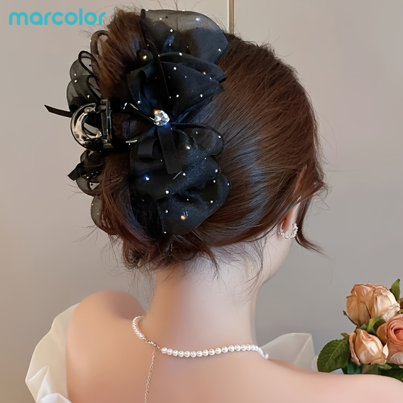 TEMU Marcolor Elegant Large Hair Clip With Heart-shaped Rhinestones And Mesh Design- Vintage Style, Suitable For Casual Outfits