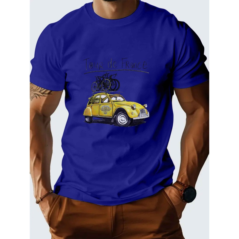 

1pc Tour Polyester T-shirt - Men's Casual Crew Neck Short Sleeve Tee With Printed Car And Bicycles Design, Medium Stretch Knit Fabric, Regular Fit For Summer