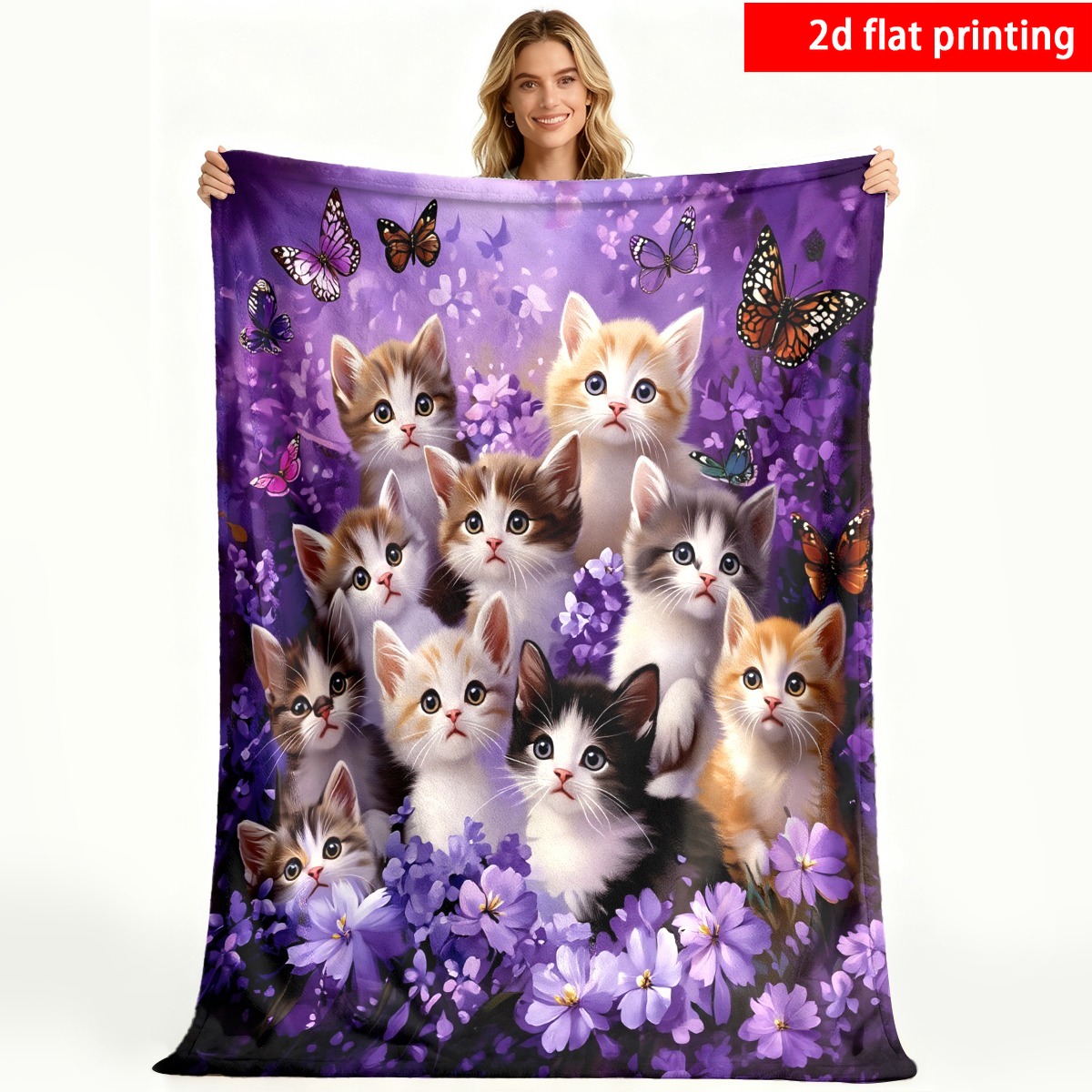 TEMU Impression plate 2D, 1 pièce, chaton et papillon, Couverture en polaire imprimée sur une face, Confortable et chaude, Idéale pour , camping,