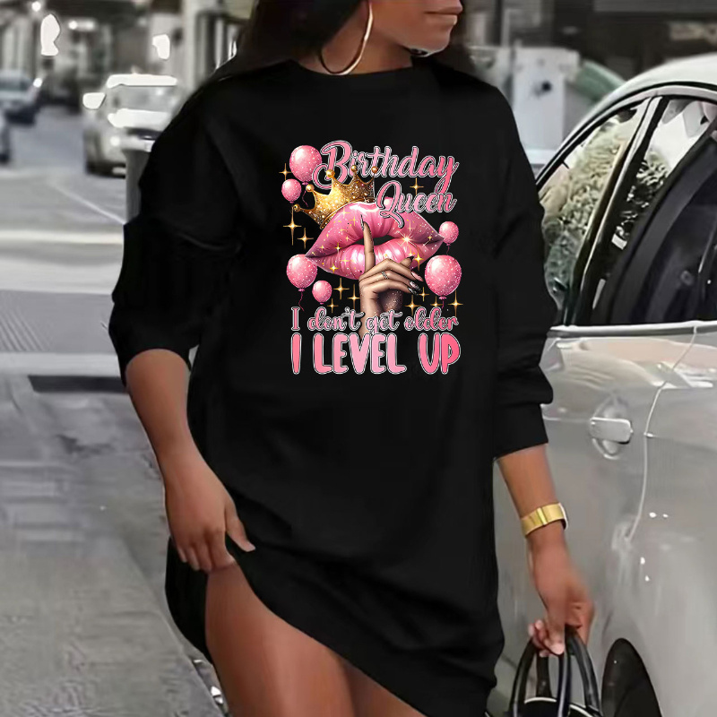 

Birthday Queen Print Women's Plus Size Crew Neck Sweatshirt Dress - Casual And Comfortable Long Sleeve Pullover For Fall/winter