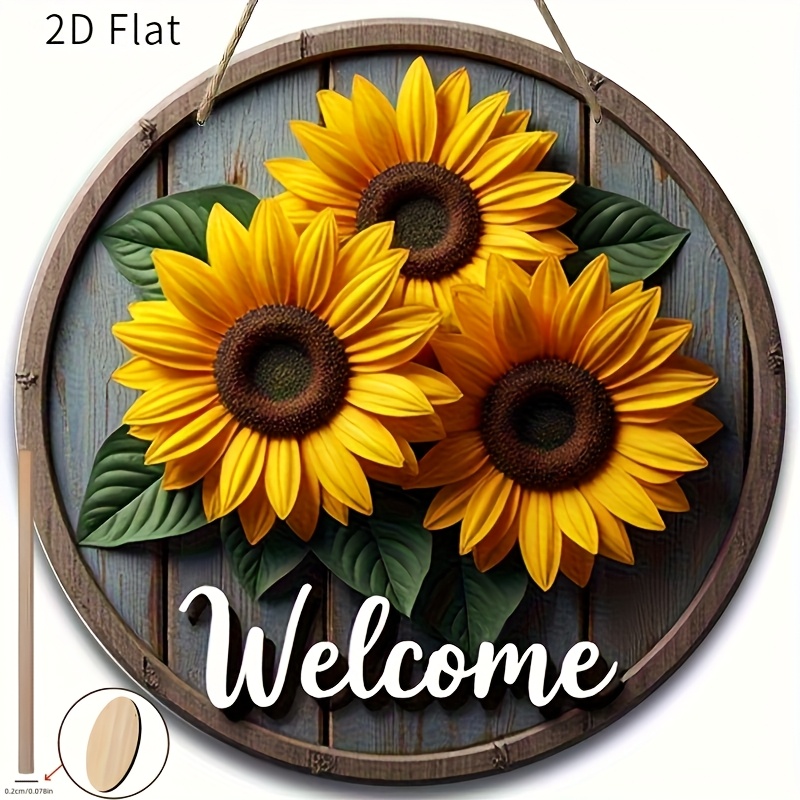 TEMU 2d Flat, Vintage Sunflower Welcome Sign - Sunflowers & Green Foliage Rustic Farmhouse Wall Decor, Artificial Wood Indoor/outdoor Hanging Door