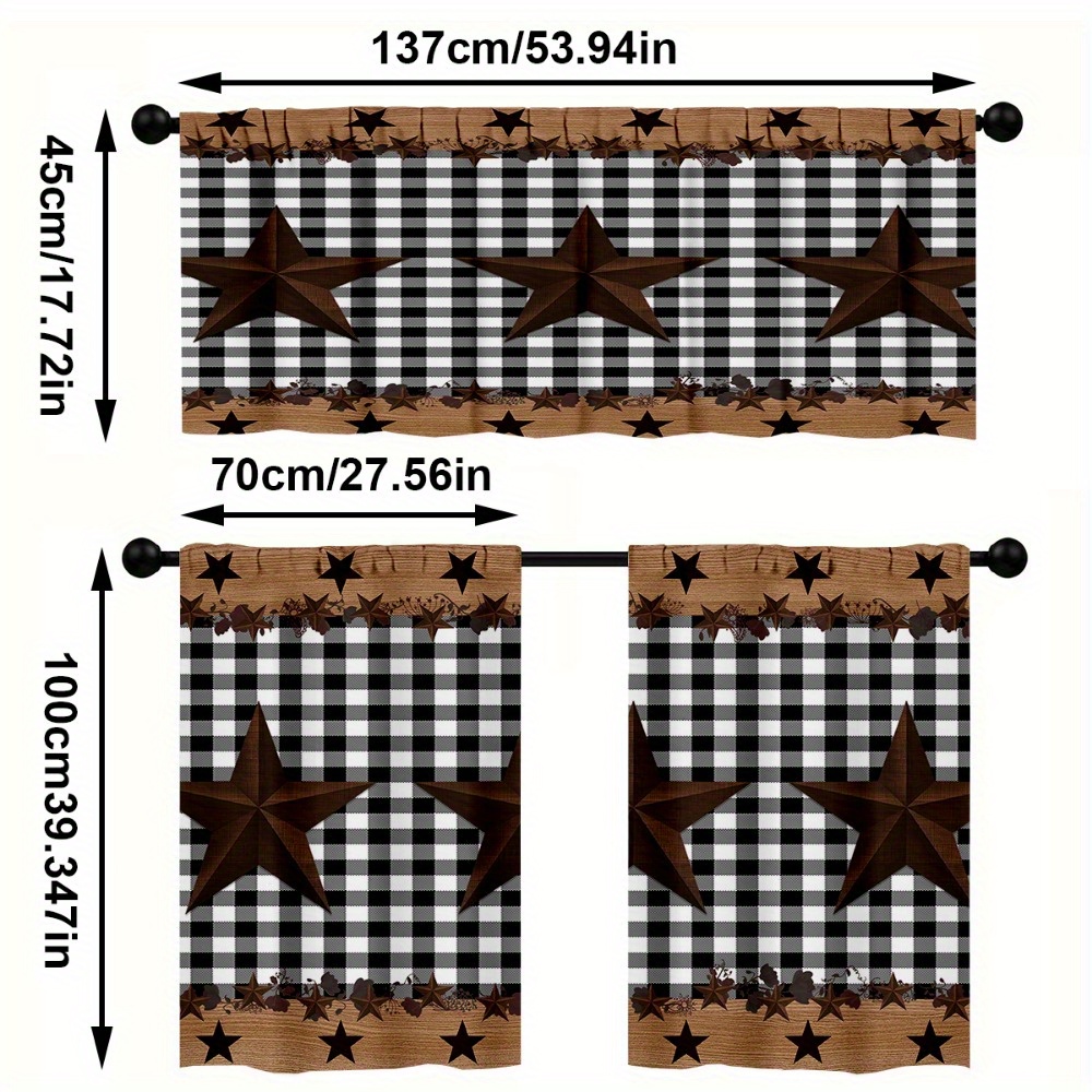 TEMU Ensemble de rideaux de cuisine 3 pièces, ensemble de rideaux à imprimé à carreaux noirs et blancs avec marron, rideau à poche pour tringle, 1