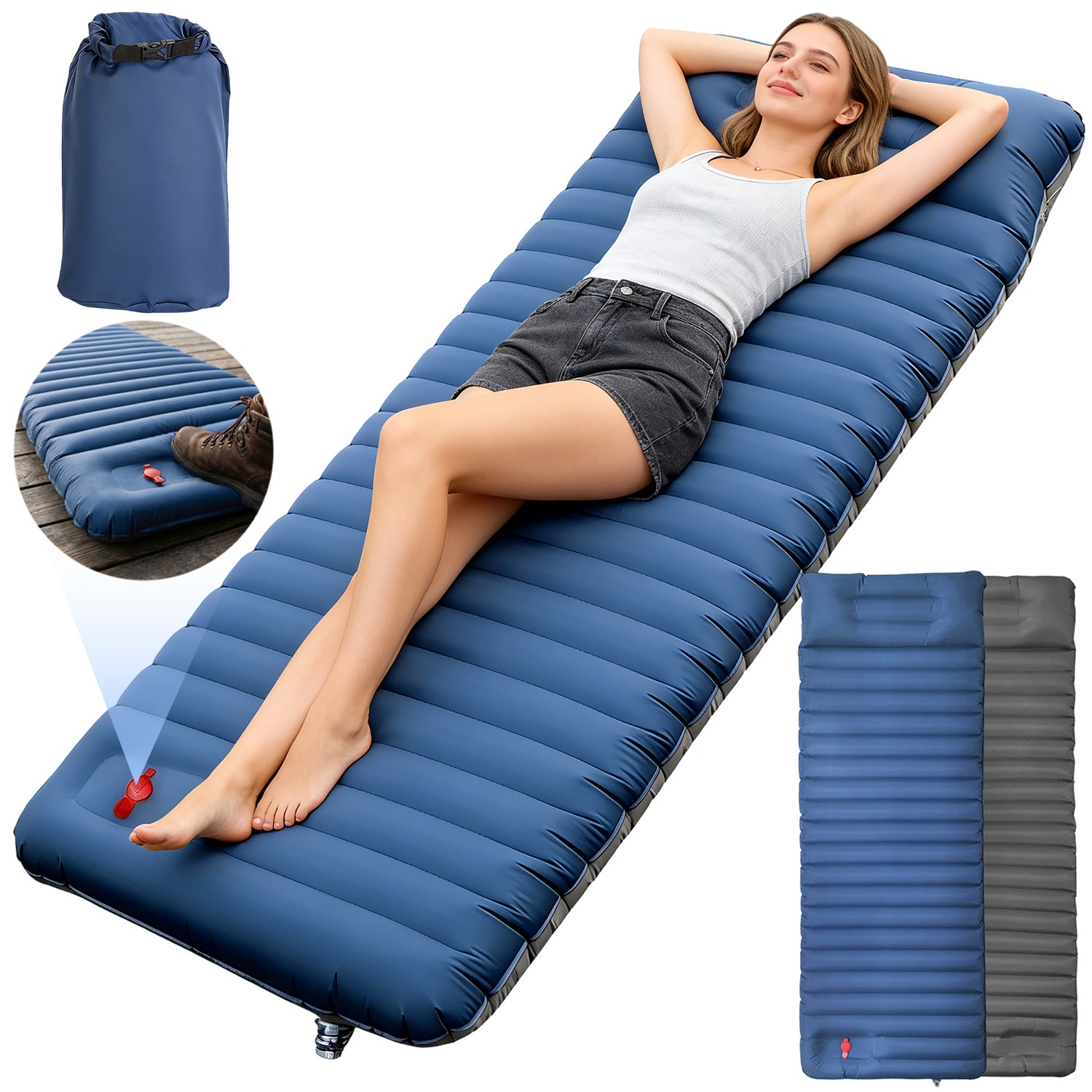 Portable 190x60x12cm Inflatable Camping Pad, Integrated Foot Inflation Design, Lightweight Foldable Mat For Hiking Backpacking