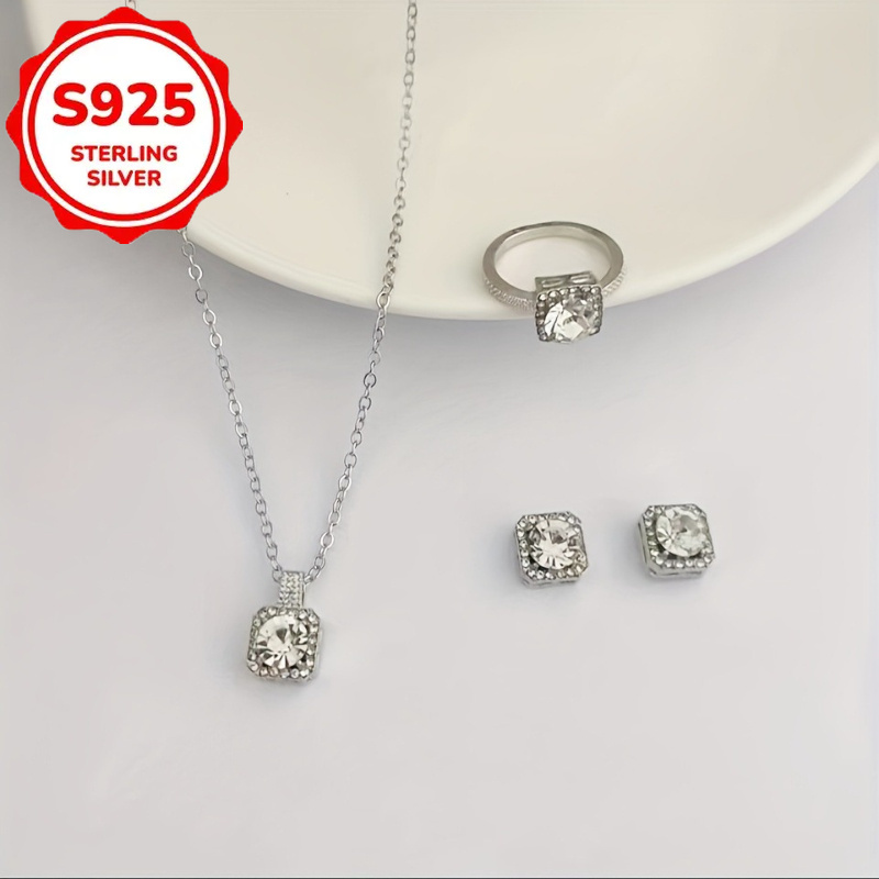 s925 silver 4pcs fashionable and simple   necklace earrings rings party commemorative gifts exquisite christmas and birthday gifts for   suitable for daily   and other occasions to wear Product details 4