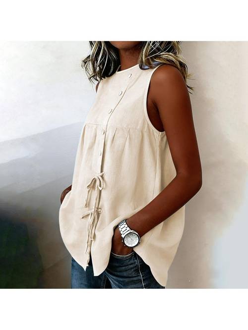 womens sleeveless tank tops casual drawstring knot decorative sleeveless button neck casual tunic top with drawstring