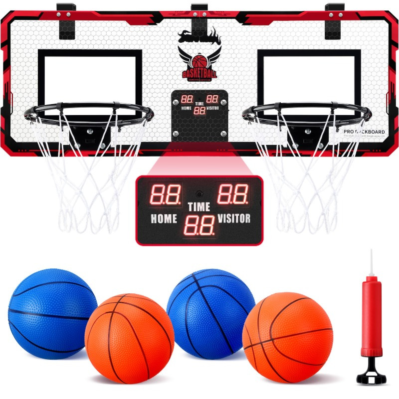 TEMU Double Basketball Hoop Indoor Over The Door Basketball Hoop, Mini Basketball Hoop Set With Electronic Scoreboard - Includes 4 Balls, Perfect For