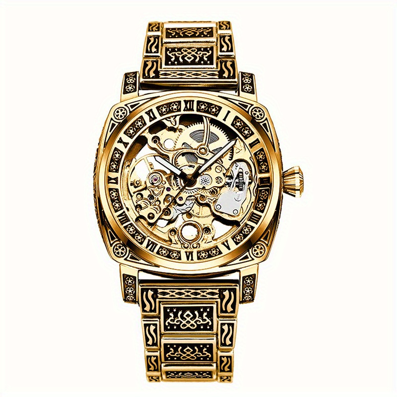 TEMU Montre mécanique automatique romaine antique gravée, de style vintage et haut de gamme pour homme